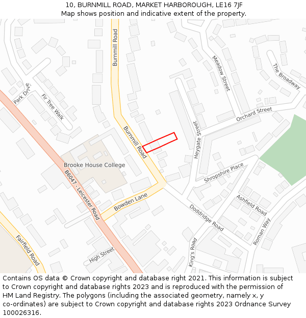 10, BURNMILL ROAD, MARKET HARBOROUGH, LE16 7JF: Location map and indicative extent of plot