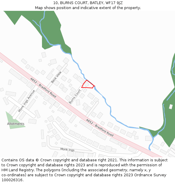 10, BURNS COURT, BATLEY, WF17 9JZ: Location map and indicative extent of plot