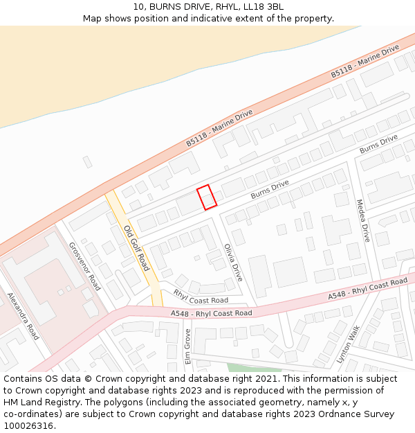 10, BURNS DRIVE, RHYL, LL18 3BL: Location map and indicative extent of plot