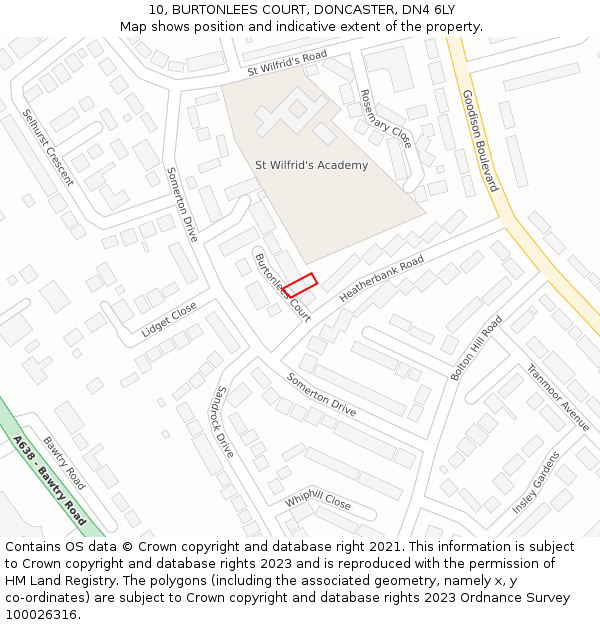 10, BURTONLEES COURT, DONCASTER, DN4 6LY: Location map and indicative extent of plot