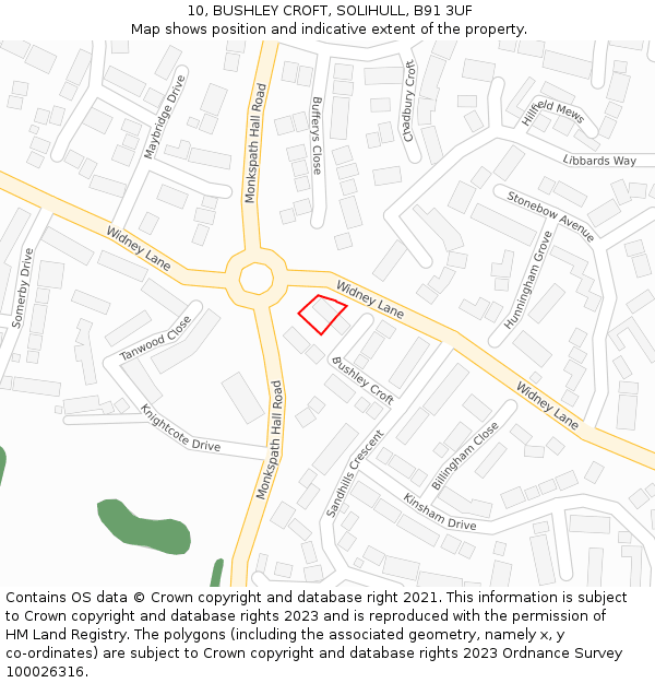 10, BUSHLEY CROFT, SOLIHULL, B91 3UF: Location map and indicative extent of plot