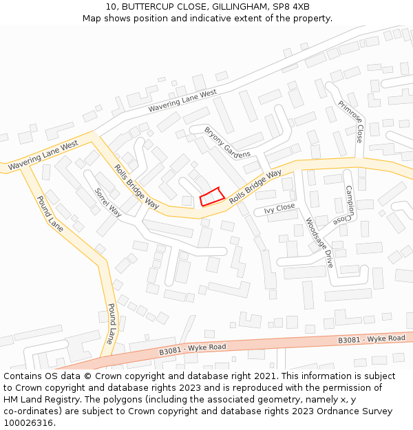 10, BUTTERCUP CLOSE, GILLINGHAM, SP8 4XB: Location map and indicative extent of plot