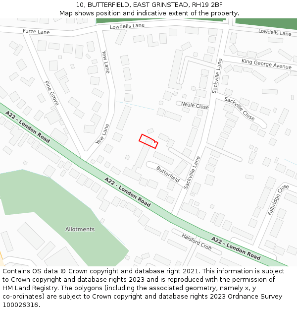 10, BUTTERFIELD, EAST GRINSTEAD, RH19 2BF: Location map and indicative extent of plot