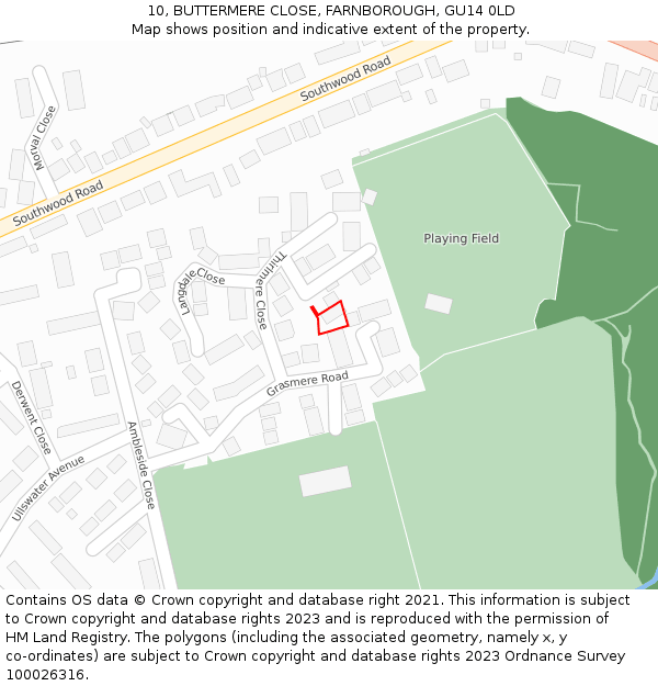 10, BUTTERMERE CLOSE, FARNBOROUGH, GU14 0LD: Location map and indicative extent of plot