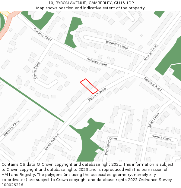 10, BYRON AVENUE, CAMBERLEY, GU15 1DP: Location map and indicative extent of plot