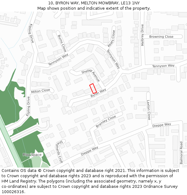 10, BYRON WAY, MELTON MOWBRAY, LE13 1NY: Location map and indicative extent of plot