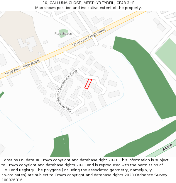 10, CALLUNA CLOSE, MERTHYR TYDFIL, CF48 3HF: Location map and indicative extent of plot