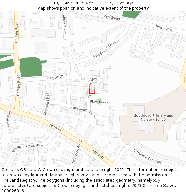 10, CAMBERLEY WAY, PUDSEY, LS28 8QX: Location map and indicative extent of plot