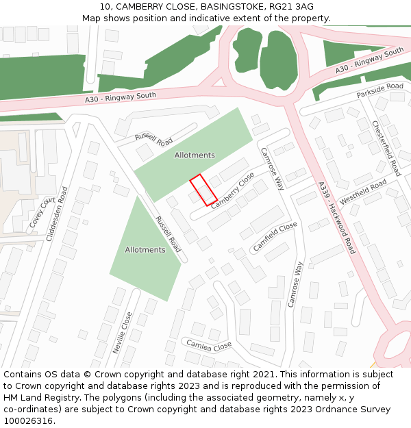 10, CAMBERRY CLOSE, BASINGSTOKE, RG21 3AG: Location map and indicative extent of plot