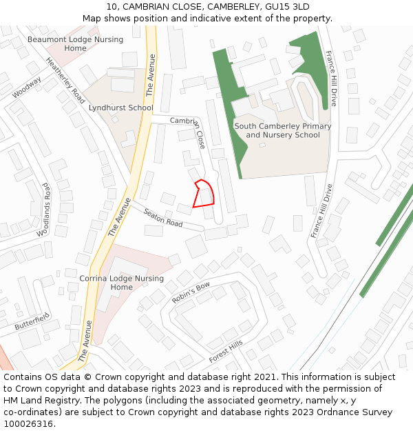 10, CAMBRIAN CLOSE, CAMBERLEY, GU15 3LD: Location map and indicative extent of plot