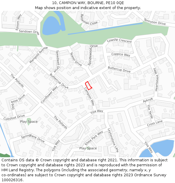 10, CAMPION WAY, BOURNE, PE10 0QE: Location map and indicative extent of plot