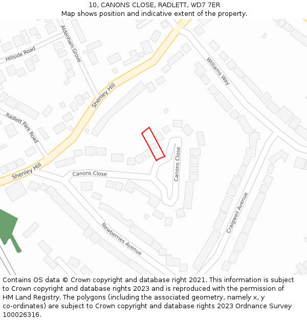 10, CANONS CLOSE, RADLETT, WD7 7ER: Location map and indicative extent of plot