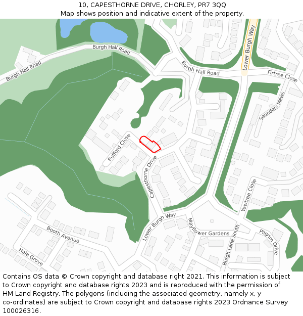 10, CAPESTHORNE DRIVE, CHORLEY, PR7 3QQ: Location map and indicative extent of plot