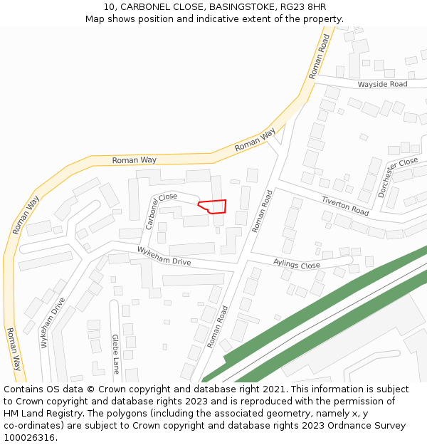 10, CARBONEL CLOSE, BASINGSTOKE, RG23 8HR: Location map and indicative extent of plot