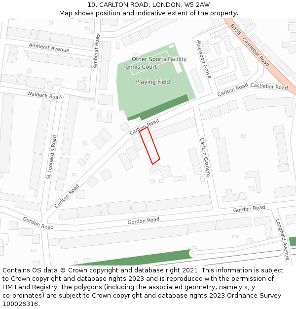 10, CARLTON ROAD, LONDON, W5 2AW: Location map and indicative extent of plot