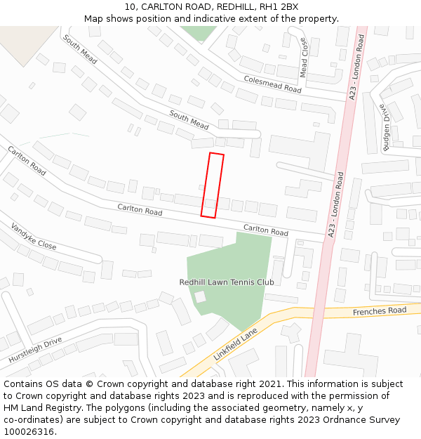 10, CARLTON ROAD, REDHILL, RH1 2BX: Location map and indicative extent of plot