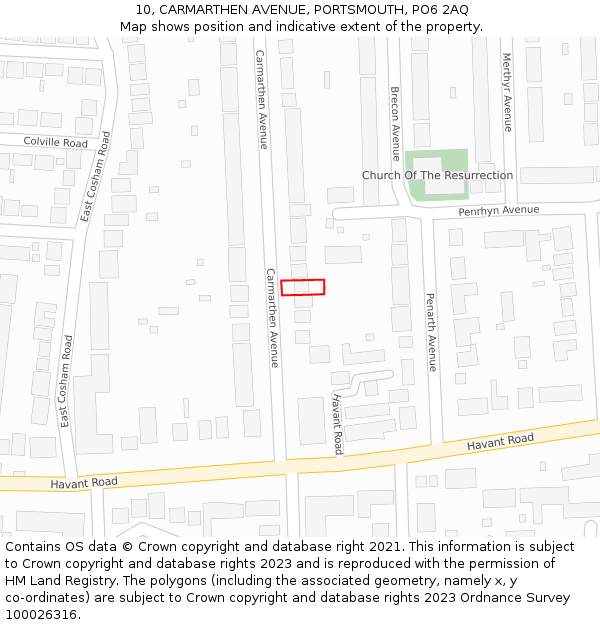 10, CARMARTHEN AVENUE, PORTSMOUTH, PO6 2AQ: Location map and indicative extent of plot