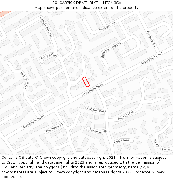 10, CARRICK DRIVE, BLYTH, NE24 3SX: Location map and indicative extent of plot