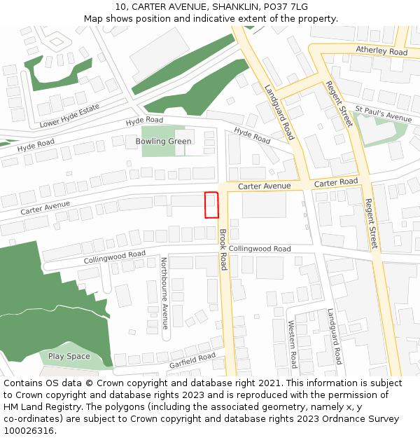 10, CARTER AVENUE, SHANKLIN, PO37 7LG: Location map and indicative extent of plot