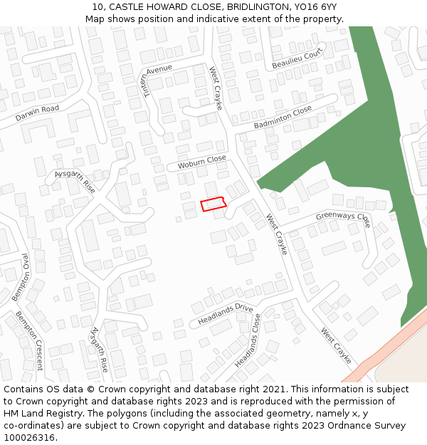 10, CASTLE HOWARD CLOSE, BRIDLINGTON, YO16 6YY: Location map and indicative extent of plot