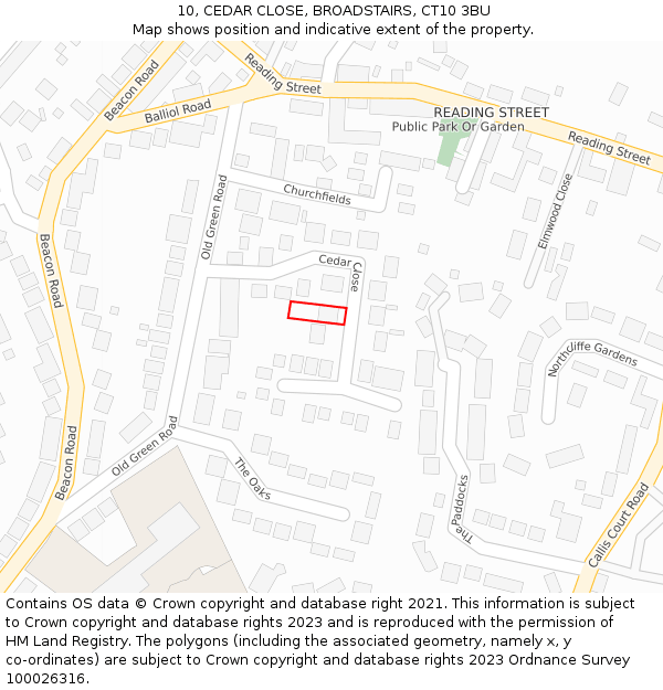 10, CEDAR CLOSE, BROADSTAIRS, CT10 3BU: Location map and indicative extent of plot