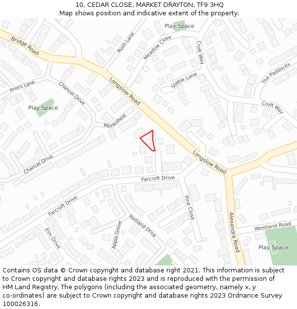 10, CEDAR CLOSE, MARKET DRAYTON, TF9 3HQ: Location map and indicative extent of plot