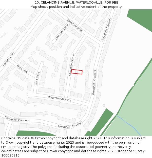 10, CELANDINE AVENUE, WATERLOOVILLE, PO8 9BE: Location map and indicative extent of plot