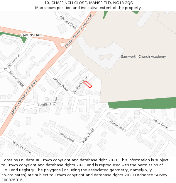 10, CHAFFINCH CLOSE, MANSFIELD, NG18 2QS: Location map and indicative extent of plot