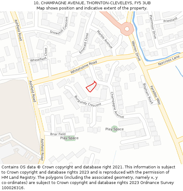 10, CHAMPAGNE AVENUE, THORNTON-CLEVELEYS, FY5 3UB: Location map and indicative extent of plot