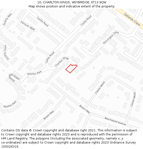 10, CHARLTON KINGS, WEYBRIDGE, KT13 9QW: Location map and indicative extent of plot