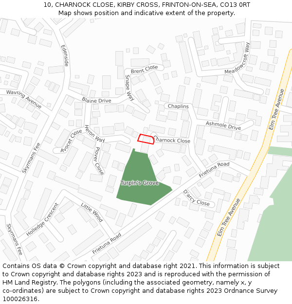 10, CHARNOCK CLOSE, KIRBY CROSS, FRINTON-ON-SEA, CO13 0RT: Location map and indicative extent of plot