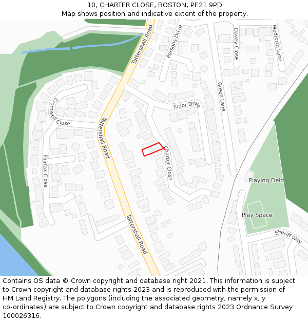 10, CHARTER CLOSE, BOSTON, PE21 9PD: Location map and indicative extent of plot