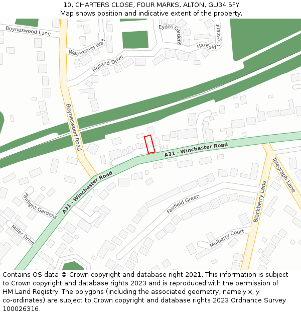 10, CHARTERS CLOSE, FOUR MARKS, ALTON, GU34 5FY: Location map and indicative extent of plot