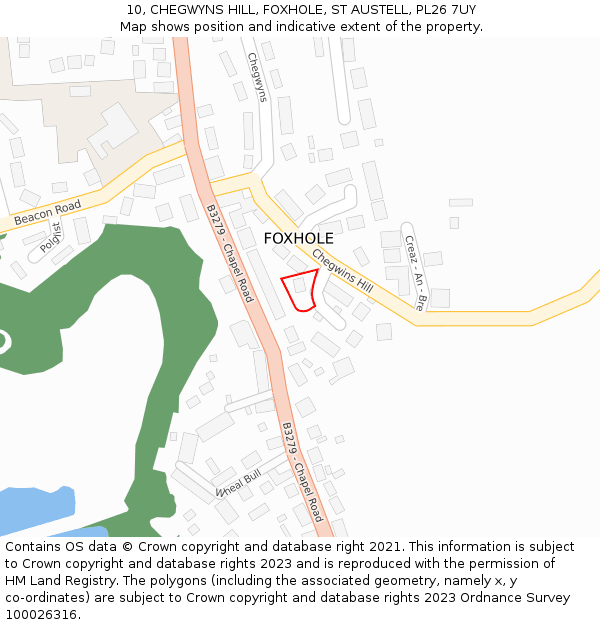 10, CHEGWYNS HILL, FOXHOLE, ST AUSTELL, PL26 7UY: Location map and indicative extent of plot