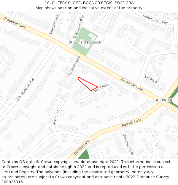 10, CHERRY CLOSE, BOGNOR REGIS, PO21 3BA: Location map and indicative extent of plot