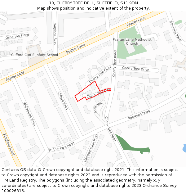 10, CHERRY TREE DELL, SHEFFIELD, S11 9DN: Location map and indicative extent of plot