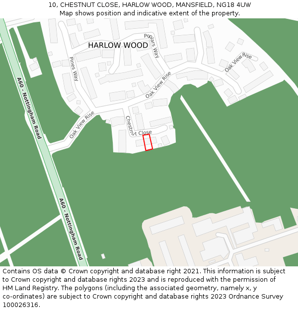 10, CHESTNUT CLOSE, HARLOW WOOD, MANSFIELD, NG18 4UW: Location map and indicative extent of plot