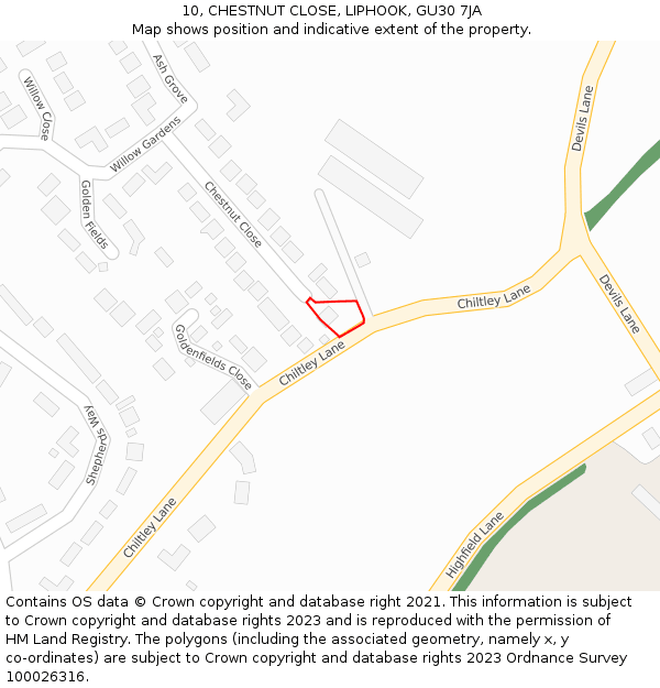 10, CHESTNUT CLOSE, LIPHOOK, GU30 7JA: Location map and indicative extent of plot