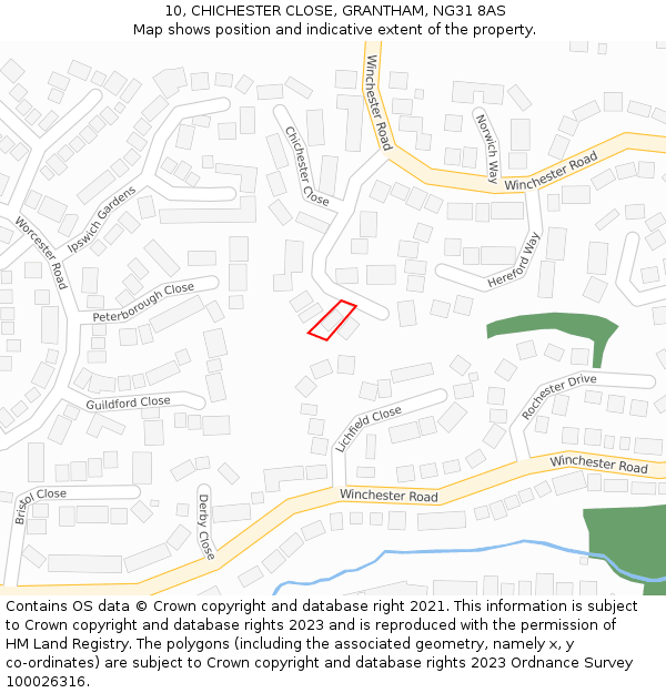 10, CHICHESTER CLOSE, GRANTHAM, NG31 8AS: Location map and indicative extent of plot