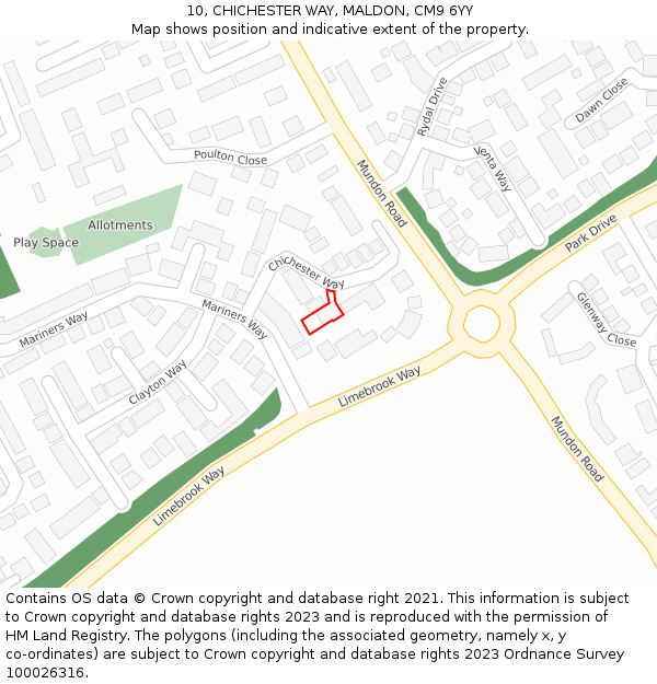 10, CHICHESTER WAY, MALDON, CM9 6YY: Location map and indicative extent of plot