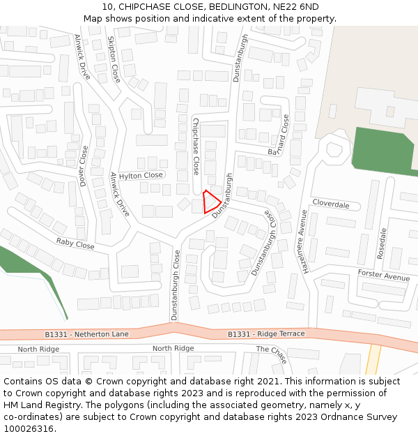 10, CHIPCHASE CLOSE, BEDLINGTON, NE22 6ND: Location map and indicative extent of plot