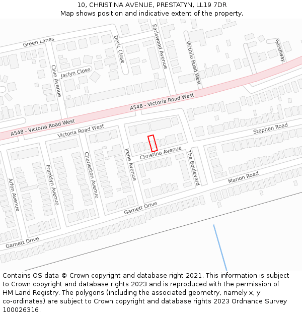 10, CHRISTINA AVENUE, PRESTATYN, LL19 7DR: Location map and indicative extent of plot