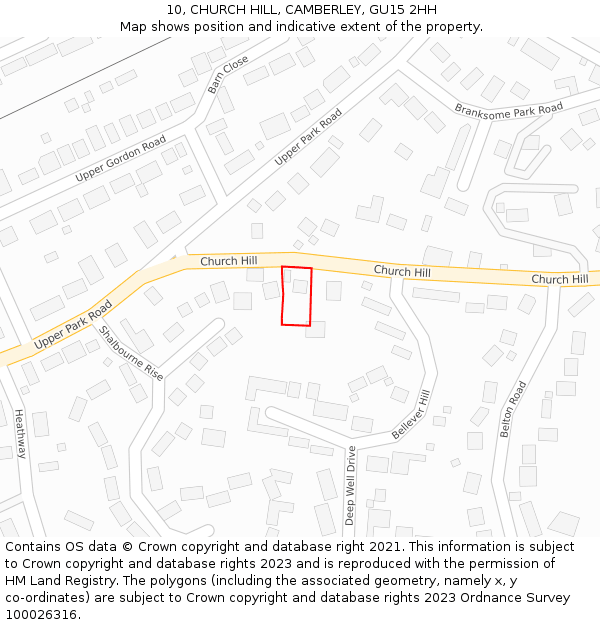 10, CHURCH HILL, CAMBERLEY, GU15 2HH: Location map and indicative extent of plot