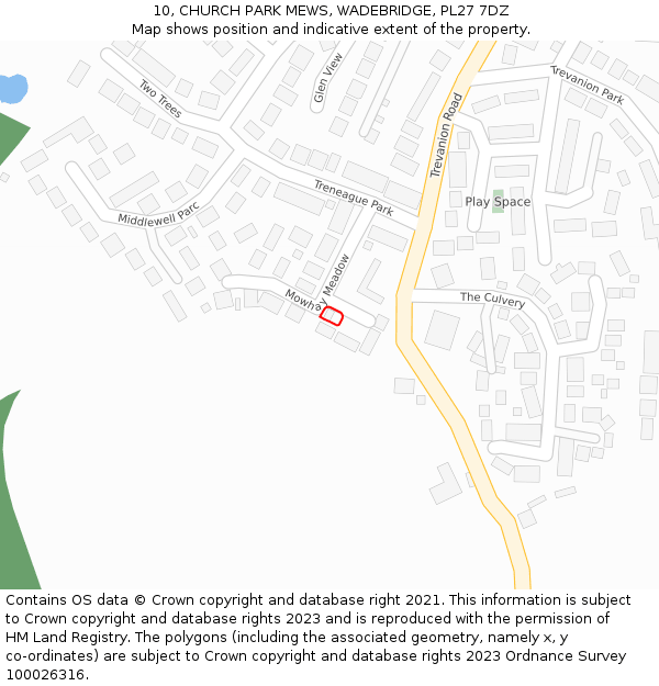 10, CHURCH PARK MEWS, WADEBRIDGE, PL27 7DZ: Location map and indicative extent of plot
