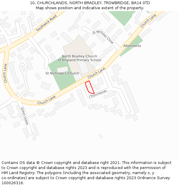 10, CHURCHLANDS, NORTH BRADLEY, TROWBRIDGE, BA14 0TD: Location map and indicative extent of plot