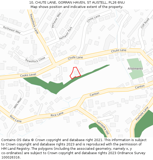 10, CHUTE LANE, GORRAN HAVEN, ST AUSTELL, PL26 6NU: Location map and indicative extent of plot