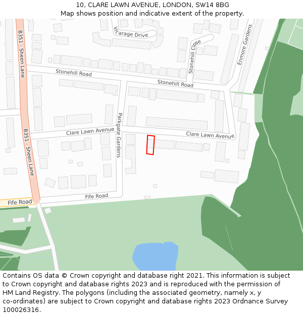 10, CLARE LAWN AVENUE, LONDON, SW14 8BG: Location map and indicative extent of plot