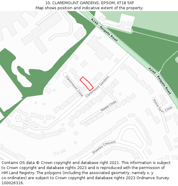 10, CLAREMOUNT GARDENS, EPSOM, KT18 5XF: Location map and indicative extent of plot