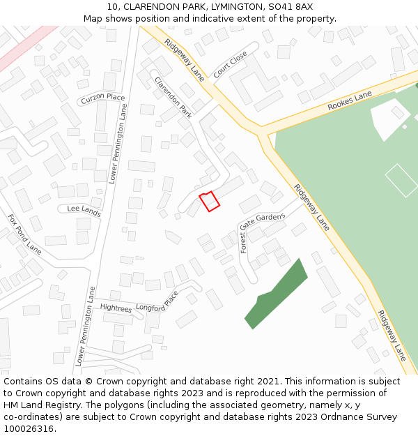 10, CLARENDON PARK, LYMINGTON, SO41 8AX: Location map and indicative extent of plot