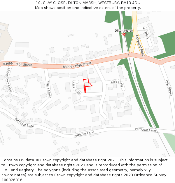 10, CLAY CLOSE, DILTON MARSH, WESTBURY, BA13 4DU: Location map and indicative extent of plot